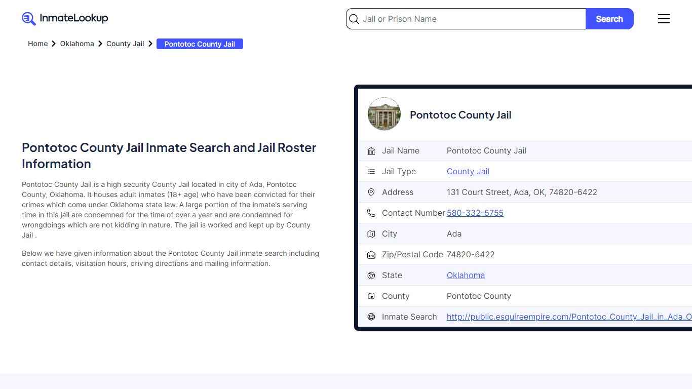 Pontotoc County Jail Inmate Search - Ada Oklahoma - Inmate Lookup